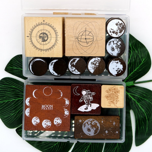 Art Journal Stamp Set, Forest Leaves Moon Stars Wood Rubber Stamp Kit 8 Style Decorative stamps DIY