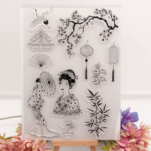 Japanese Style Stamps and Cutting Dies Sakura Kimono Beauty Folding Fan Lantern Bamboo Card Making Journaling Scrapbooking Filofax Decor DIY