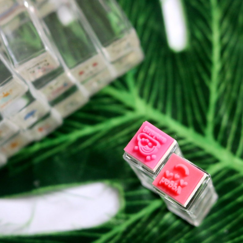 Op de afbeelding: Twee roze rubberen stempels met doorzichtige plastic behuizingen. De bovenste stempel heeft het woord "Surprise" en een cartoonafbeelding van een persoon met een kerstmanmuts. De onderste stempel heeft het woord "Pobby" en een cartoonafbeelding van een hart.
