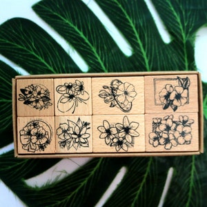 Blossom Wood Rubber Stamp Set of 8 pcs Flower Stamps For Card Making Scrapbooking Decorative Journaling Diary Memo Sketchbook DIY Tool