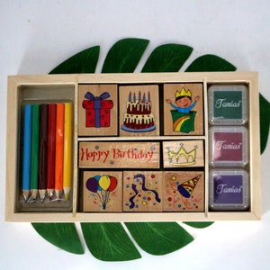 Tampons en caoutchouc Joyeux anniversaire, jeu de tampons en bois avec boîte à glissière, outil de fabrication de cartes décoratives pour journal intime