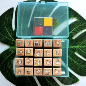 Lovely Kitty Stamp Set of 20pcs Cat Wood Rubber Stamps With Ink Pad And Clear Box Decorative Journal Diary Planner Tool