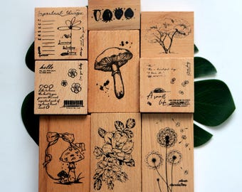 Wood Rubber Stamp: Dandelion, Mushroom, Floral Stamps