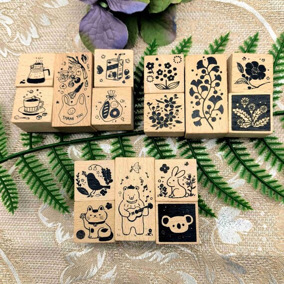 Card Making Stamps Set Wood Rubber Stamps for Journaling Diary Scrapbooking  Decoration DIY Tool 3 Styles Floral Animals Coffee 