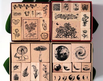 Retro Rose Wooden Stamp Set: Floral, Moon Phase, Mushroom Flower Rubber Stamps