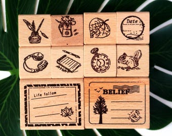 Vintage rubberen stempel 10 stijl voor journaling Scrapbooking oortelefoon, inktfles, eekhoorn zakhorloge