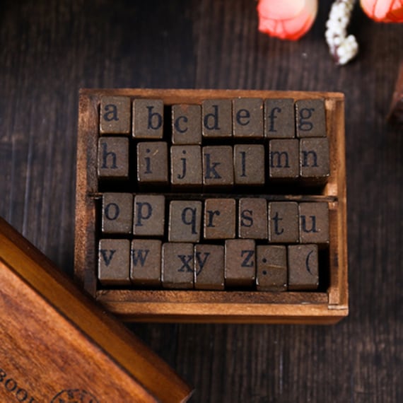 Vintage Wooden Handwriting Alphabet Rubber Stamp Set