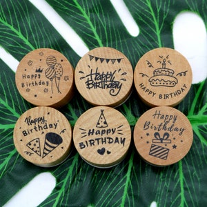 Sellos de feliz cumpleaños, sellos redondos de madera, sellos de goma, fabricación de tarjetas, envoltura de regalos, sobres, decoración de álbumes de recortes, 6 estilos