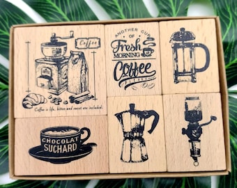 Coffee Theme Rubber Stamp Set: Retro Wooden Stamps for Journaling