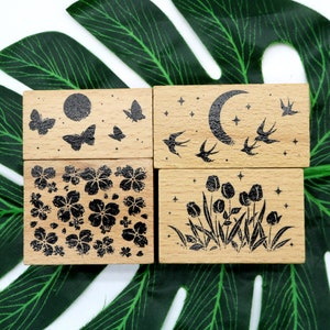 Pretty Wood Rubber Stamp for Card Making Scrapbook Journal Diary Decorating DIY 4 Style Butterfly Birds Flowers Clovers Tulips