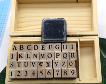 Alphabet Number Stamp Set With Box Inkpad : Vintage Wood Rubber Stamps