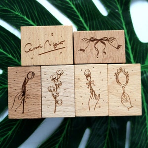 Timbro di gomma con fiore carino in legno per la realizzazione di biglietti, Scrapbooking, Jouranl, album, diario Filofax, decorazione fai da te, 6 stili, tulipani, fiocchi, cotone