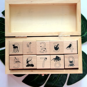 Animals Numbers Rubber Stamp Set, Wooden Stamps Box, Gift for Girls, Kids. Paper Decorating
