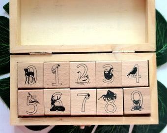 Juego de sellos de goma con números de animales, caja de sellos de madera, regalo para niñas y niños. Decoración de papel