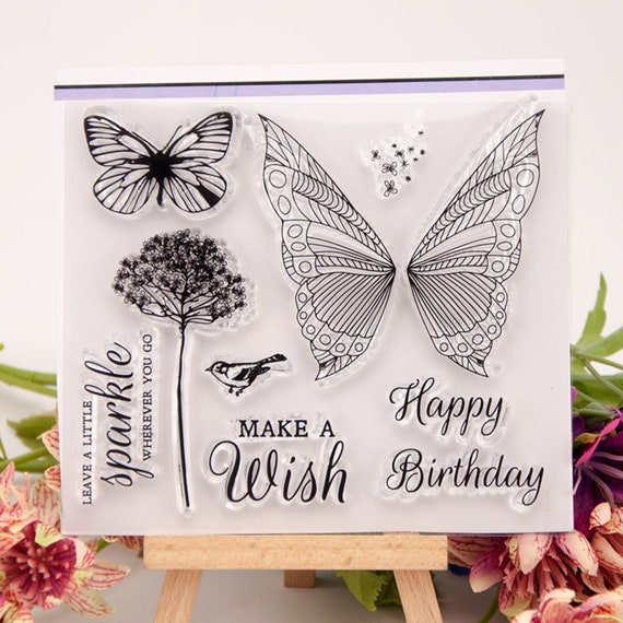 Birds Flowers Birthday Clear Stamps for Card Making Scrapbooking and Words  Transparent Stamps Silicone Stamps Photo Album Decor Decoration and DIY