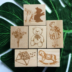 Tampon en bois mignon fille ours en peluche, enveloppe, chevaux de Troie, fleurs fabrication de cartes, décoration de journal style 6