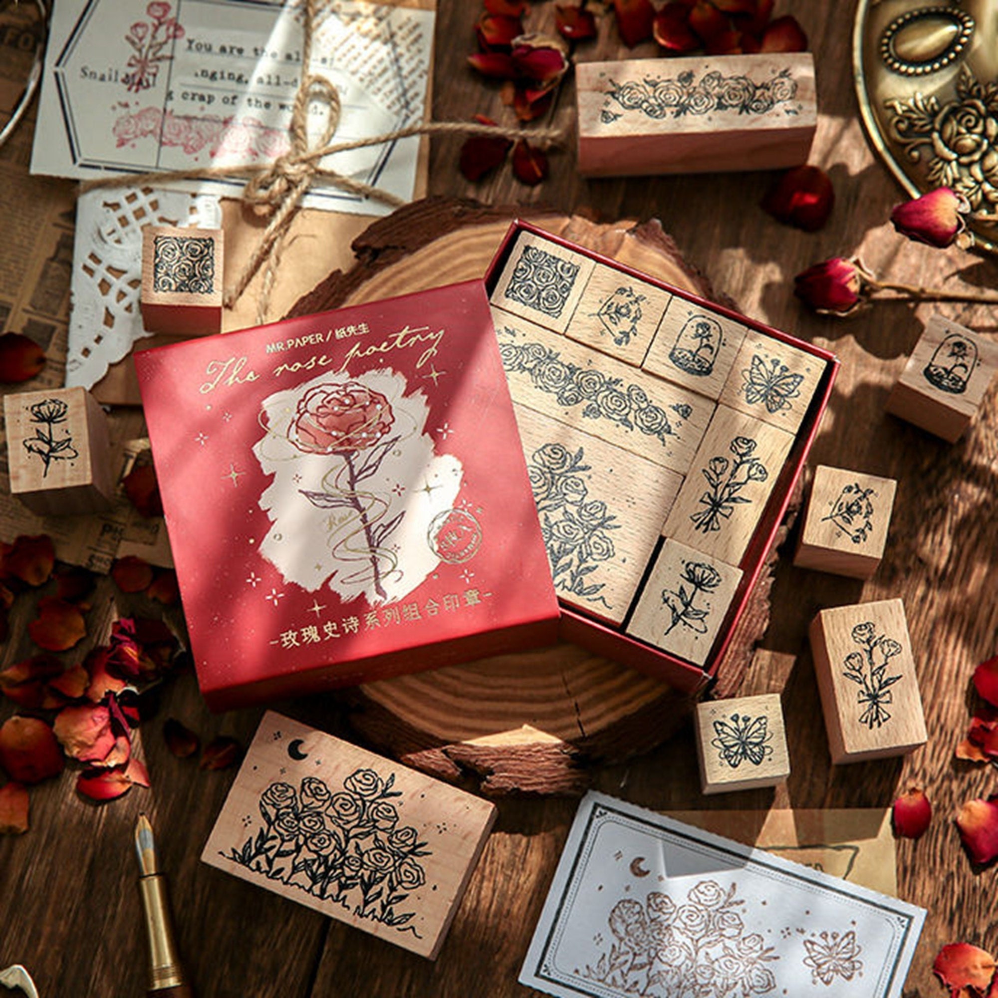 Rose Book Collection Vintage Wooden Rubber Stamp