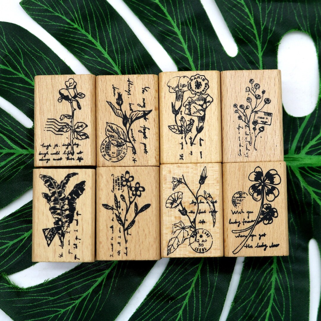 Rustic Stamps Retro Floral Stamp, Wooden Rubber Stamp for Journal, Diary, Scrapbook ...