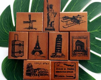 Vintage Travel Wood Rubber Stamps: Landmarks, Postmarks, Suitcase