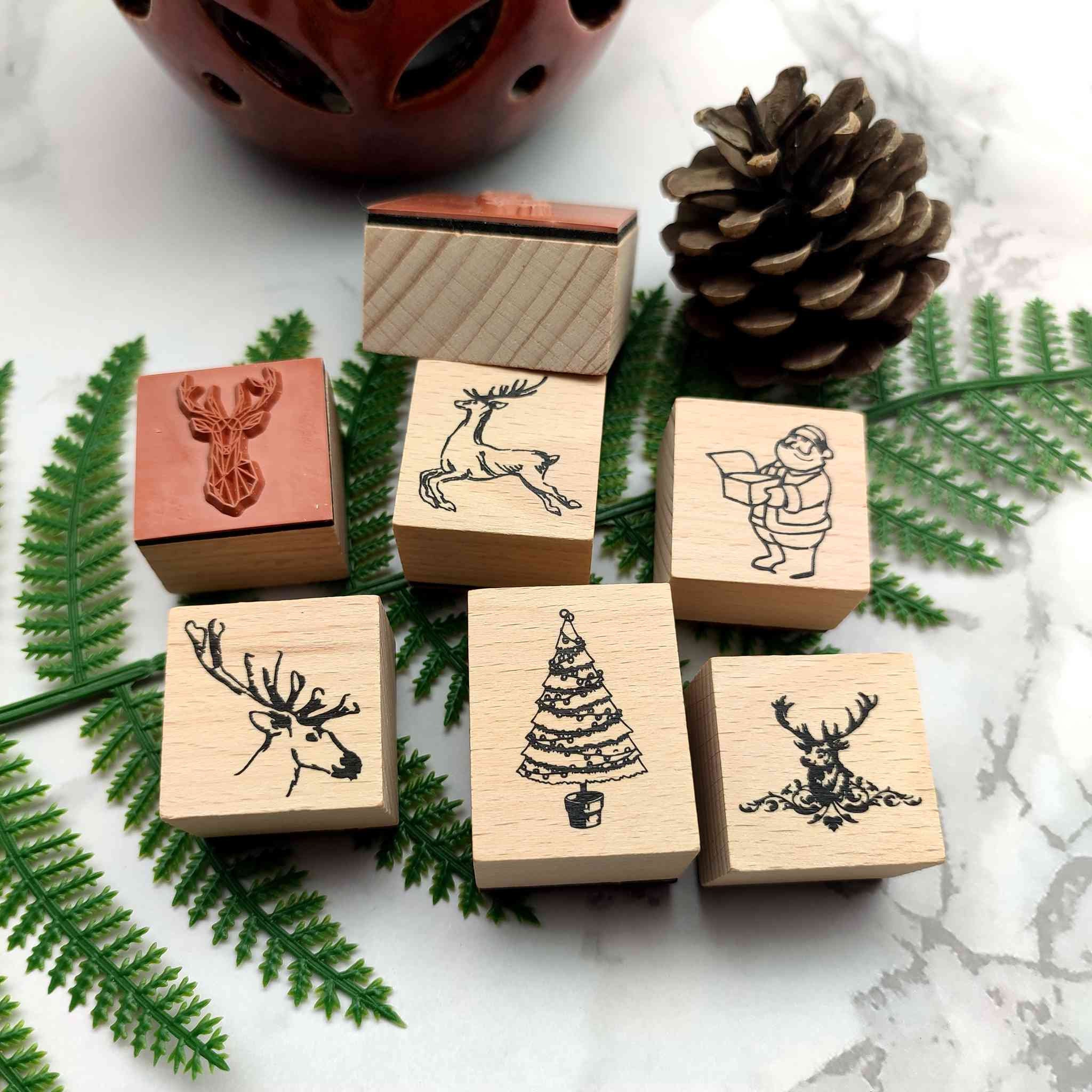 Christmas Rubber Stamps for Card Making Santa Claus Christmas Tree Bells  Gift Wooden Rubber Stamp for Decor Scrapbook Journal 6 Styles 