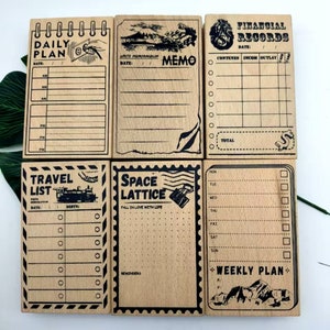 Large Wooden Rubber Stamp, Daily Plan, Travel List, Space Lattice, Weekly Plan, Memo,Pinancial Records 6 Styles Habit Track Schedule Stamp
