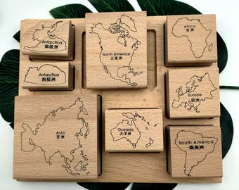 World Continent Map Wood Rubber Stamps Set of 8 pcs For Scrapbooking Journal Planner Decoration DIY