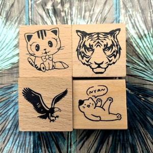 4 Styles Cute Cat Stamp Animals Wood Rubber Stamp For Daily Planner, Journal, Filofax, Wooden Rubber Stamp Eagle, Tiger