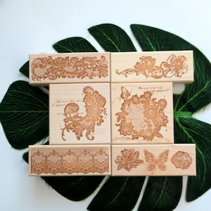 Carimbo de borracha de madeira rendada para fazer cartões, scrapbooking, presentes, embrulho, diário decorativo, coleção de diário, ferramenta, 6 estilos de renda