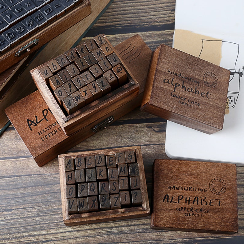Alphabet Rubber Stamp Set With Wooden Box Antique Handwriting Etsy