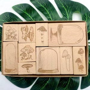Conjunto de carimbos de cogumelo com 10 peças de tampa de vidro, carimbos de borracha de madeira para artesanato, criação de cartões, scrapbooking, diário, ferramenta