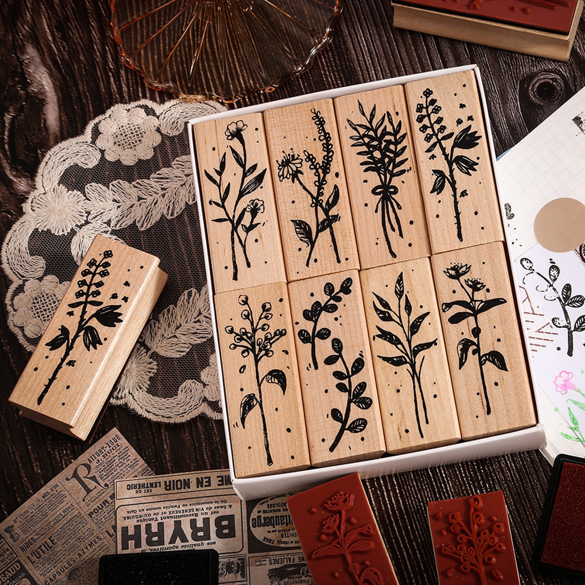 Floral Wood Rubber Stamps Set of 8pcs for Card Making Etsy
