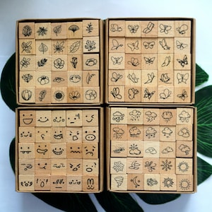 Set di timbri per diario, timbri in gomma di legno per artigianato, diario decorativo, pianificatore, strumento di raccolta, emoji, meteo, farfalla, fiore, 4 stili