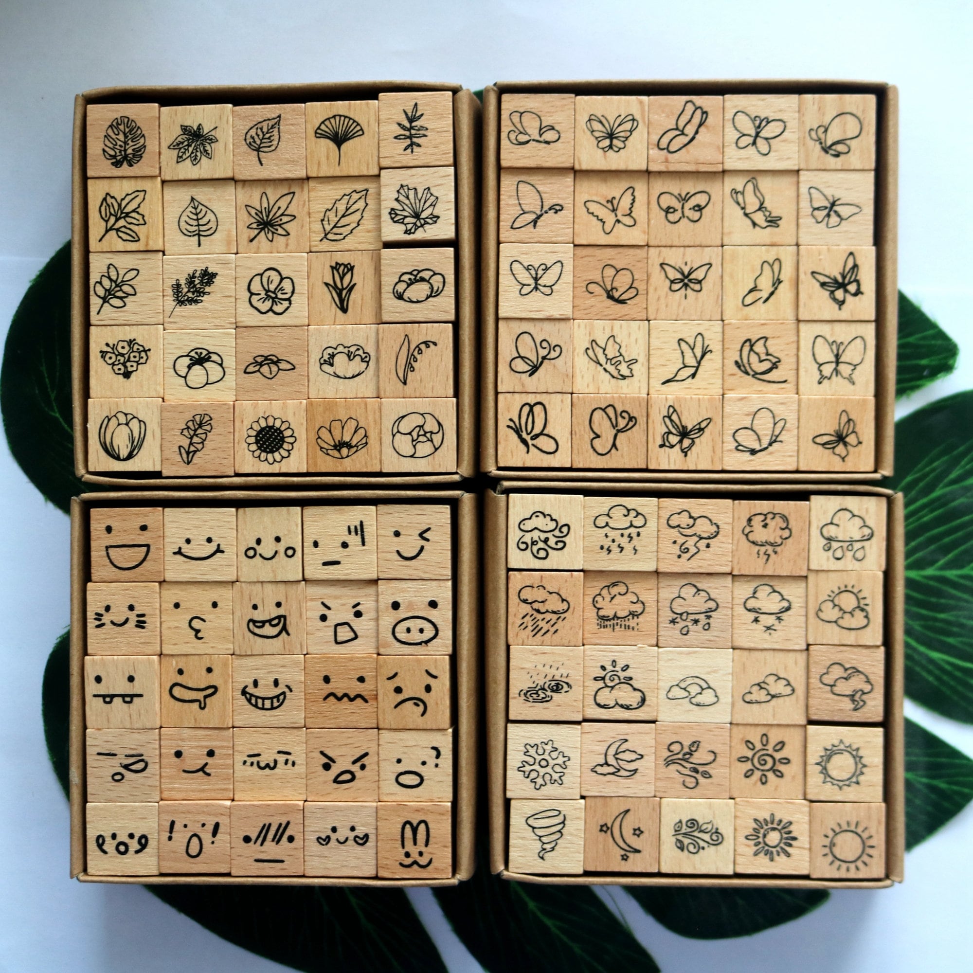 Journal Stamp Set – Wooden Rubber Stamps for Scrapbooking, Planner & Diary | Emoji, Weather, Butterfly, Flower (4 Styles)