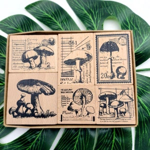 Conjunto de carimbos de cogumelo retrô com 6 peças de carimbos de borracha de madeira para artesanato, criação de cartões, scrapbooking, diário decorativo, ferramenta de diário