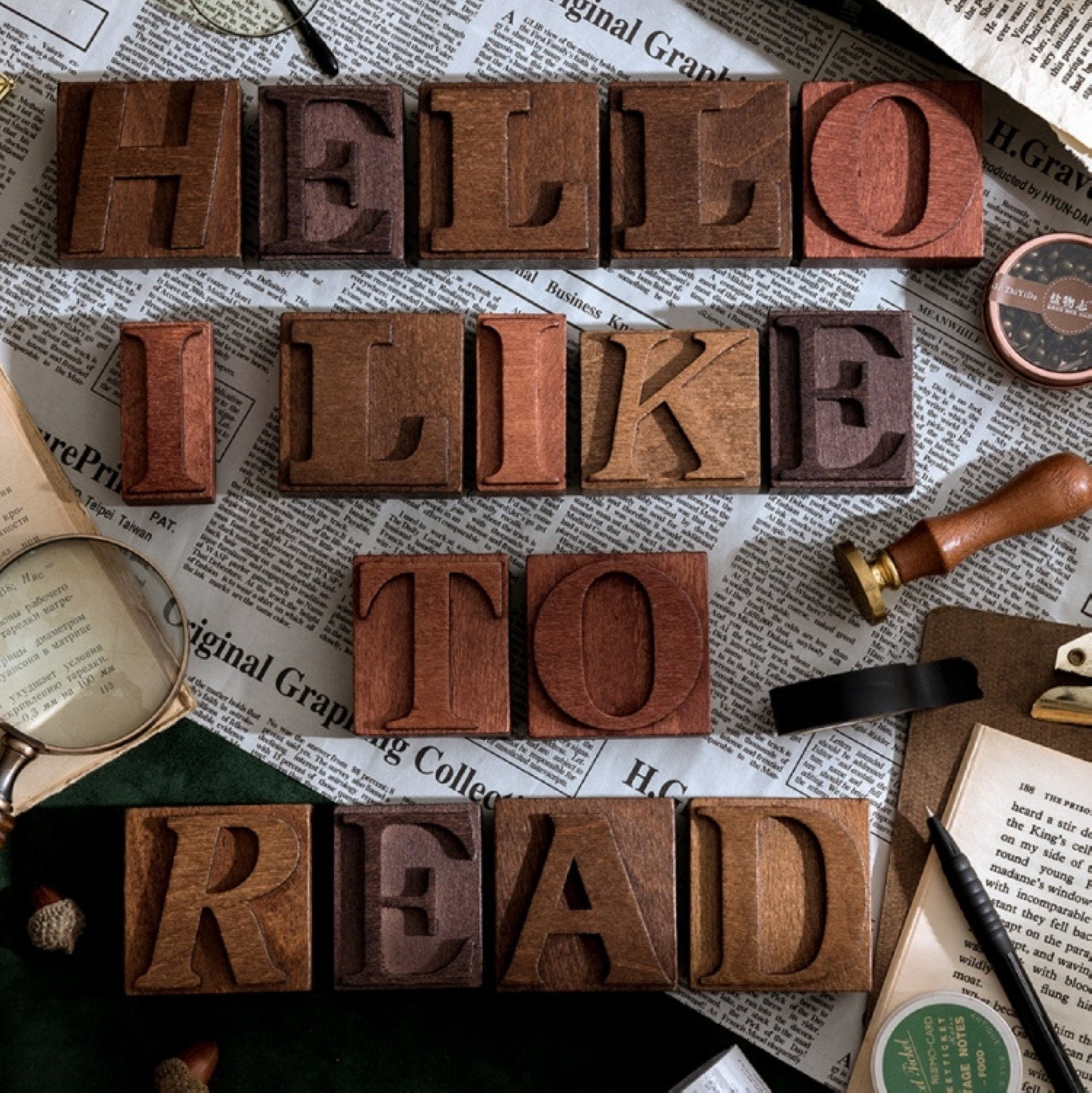 Rubber stamp letters. Red stamps frame and letterpress symbo