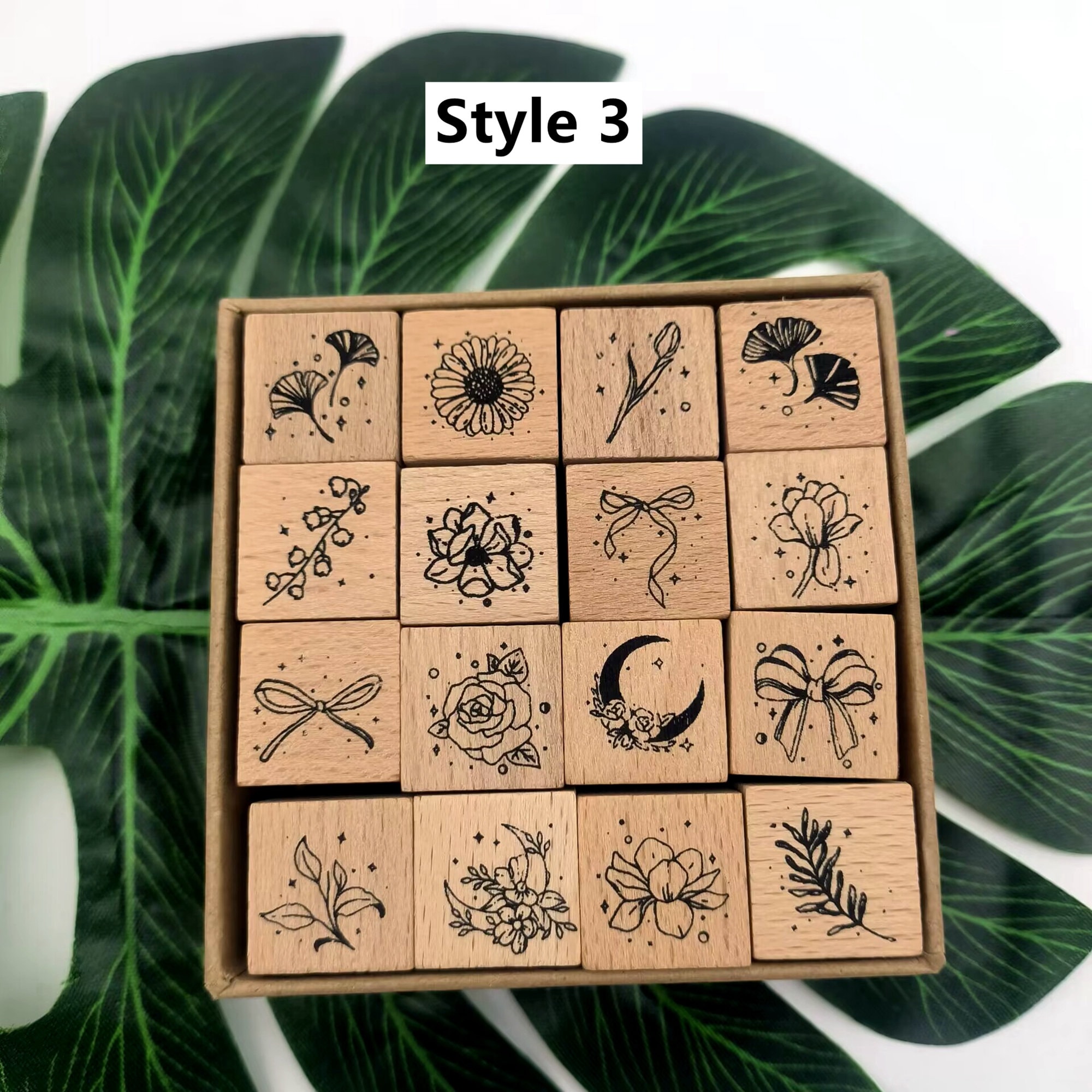 15 Pieces Wooden Rubber Stamps Set,Plant and Flower Craft Stamps Decorative  Vintage Wooden Mounted Rubber Stamps for Crafting,Diary,DIY