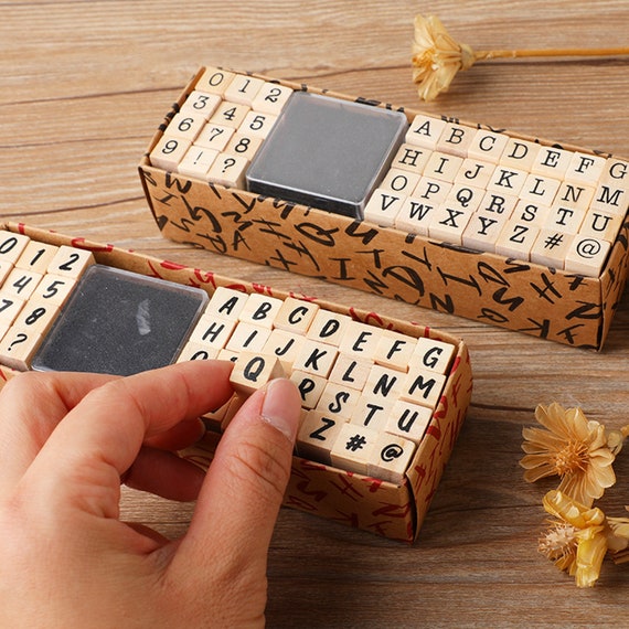 Alphabets and Numbers Stamps With Black Ink Pad Letters Wooden
