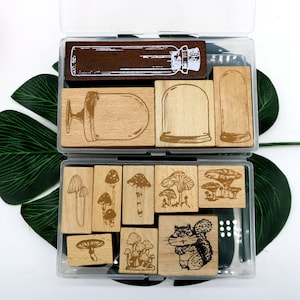 Labels Tags Card Making Stamp Set With Box Wood Rubber Stamps 7 Styles Mushroom Glass Cover Message Journal Decoration