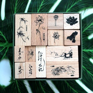 Conjunto de carimbos de flor de lótus, carimbos de borracha de madeira estilo chinês para fazer cartões, scrapbooking, diário decorativo, ferramenta de diário