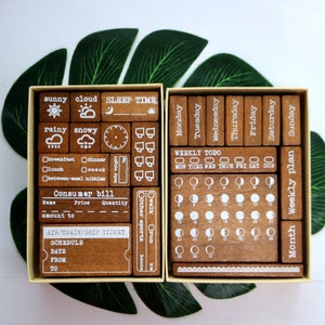 Planner Stamp Set: 12 Wood Rubber Stamps for Journaling