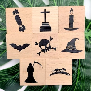 Halloween Wooden Rubbe Stamp For Card Making Decorative Journal Diary Scrapbook Candle Wizard Skull Tombstone Wizard Hat Bat 8 Styles