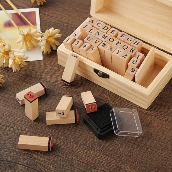 Alphabet Stamps Set With Wood Box Black Ink Pad Letter Number