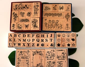 Alphabet Emoticon Rose Wood Stamp Set: Journal Planner Scrapbook Decoration Card Making Flower Bear