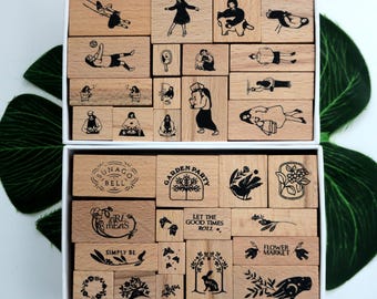 Wood Rubber Stamp Set: Cat, Floral, Traveler Designs