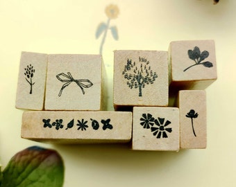Floral Wood Rubber Stamps: Scrapbooking Set of 7