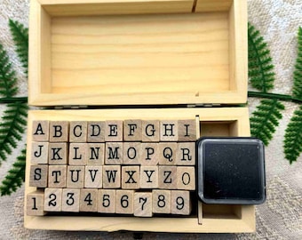 Alphabet Rubber Stamp Set: Wood Box, Black Ink Pad