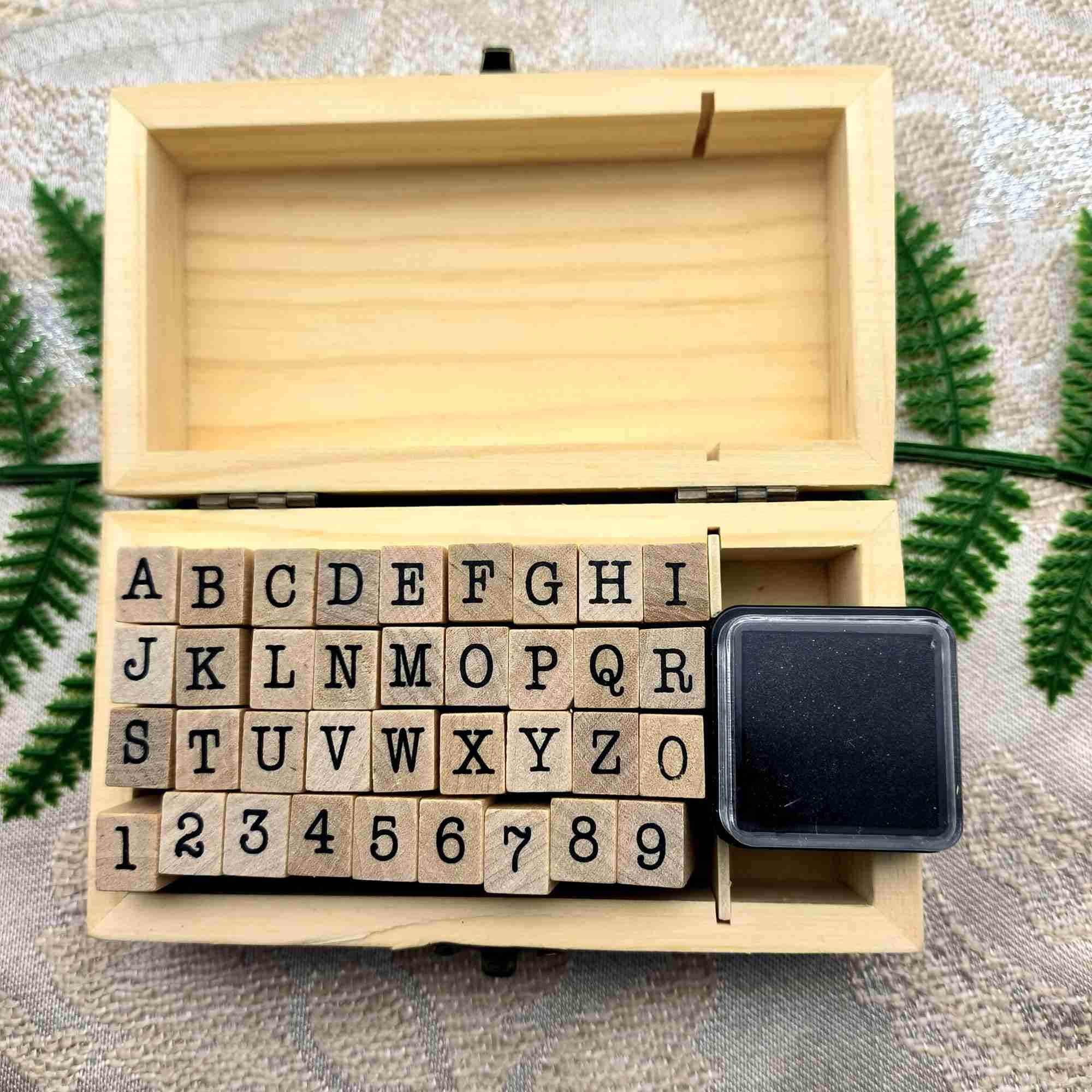 Alphabet Wood Rubber Stamps Set With Box Black Ink Pad Letter