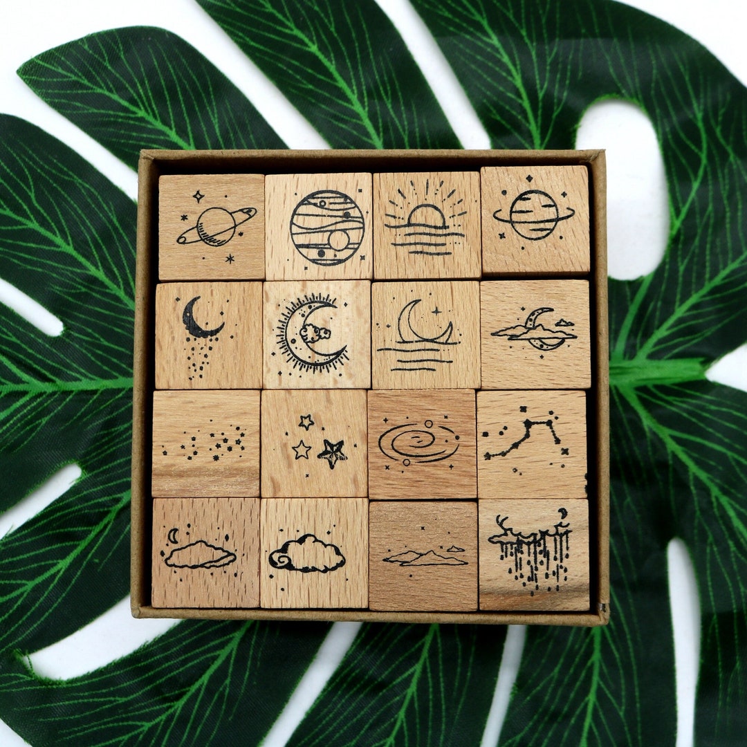 Tampons en caoutchouc Lune et étoile : 16 pièces, série de carnets célestes, fabrication de cartes