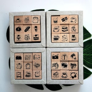 Niedliches Tagebuch Stempel Set Holz Stempel Dekorativ Journal Planer Scrapbook Werkzeug 4 Stil Buch Stundenplan Tagesplan Kaffee Brot Kuchen Musik