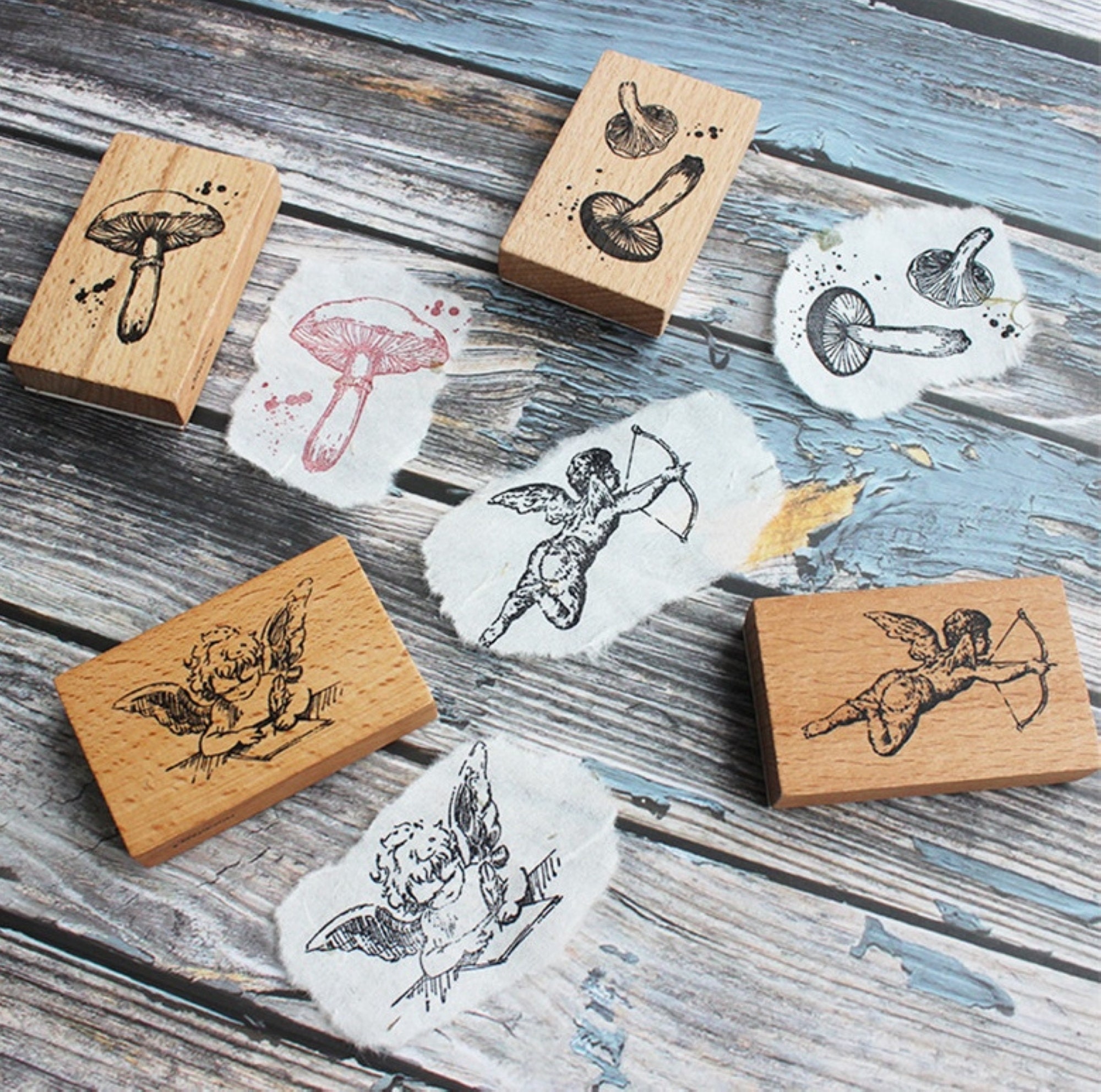 Cute Angel Cupid Mushroom Wooden Rubber Stamp For Cardmaking Etsy
